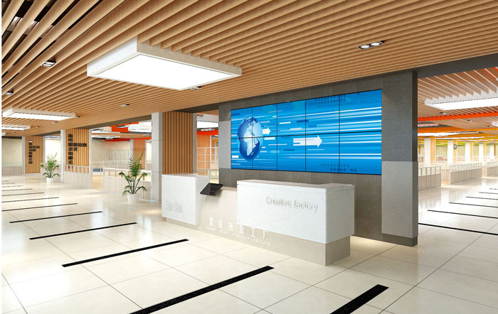 1500平方創(chuàng)意工廠辦公室前臺大廳裝修設(shè)計案例效果圖