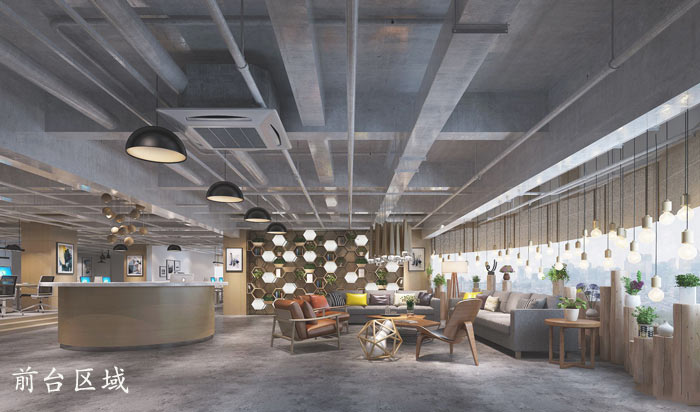 1200平方工業(yè)風(fēng)辦公室前臺區(qū)域裝修設(shè)計案例效果圖