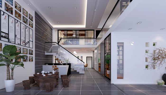 新中式loft風(fēng)格辦公室進(jìn)門區(qū)域裝修設(shè)計案例效果圖