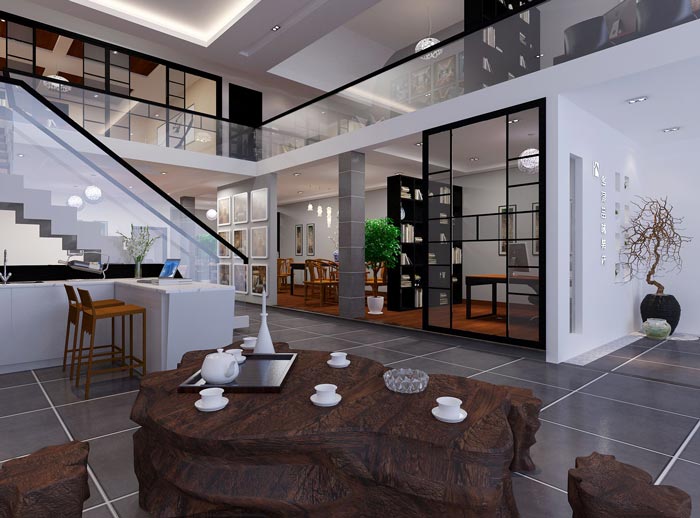 新中式loft風(fēng)格辦公室接待區(qū)域裝修設(shè)計案例效果圖