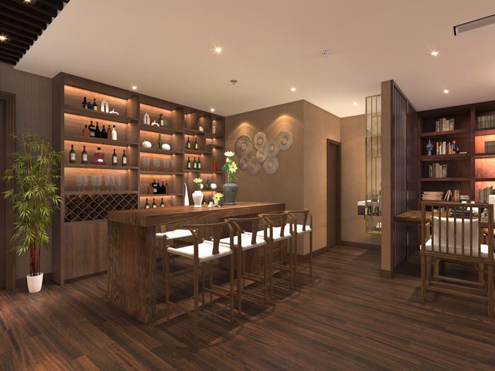 現(xiàn)代新中式風(fēng)格辦公室吧臺區(qū)域裝修設(shè)計案例效果圖