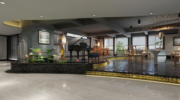 新中式禪意辦公室接待區(qū)域裝修設(shè)計(jì)案例效果圖