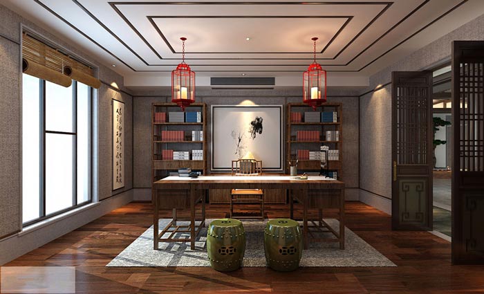 新中式老總辦公室裝修設(shè)計(jì)案例效果圖